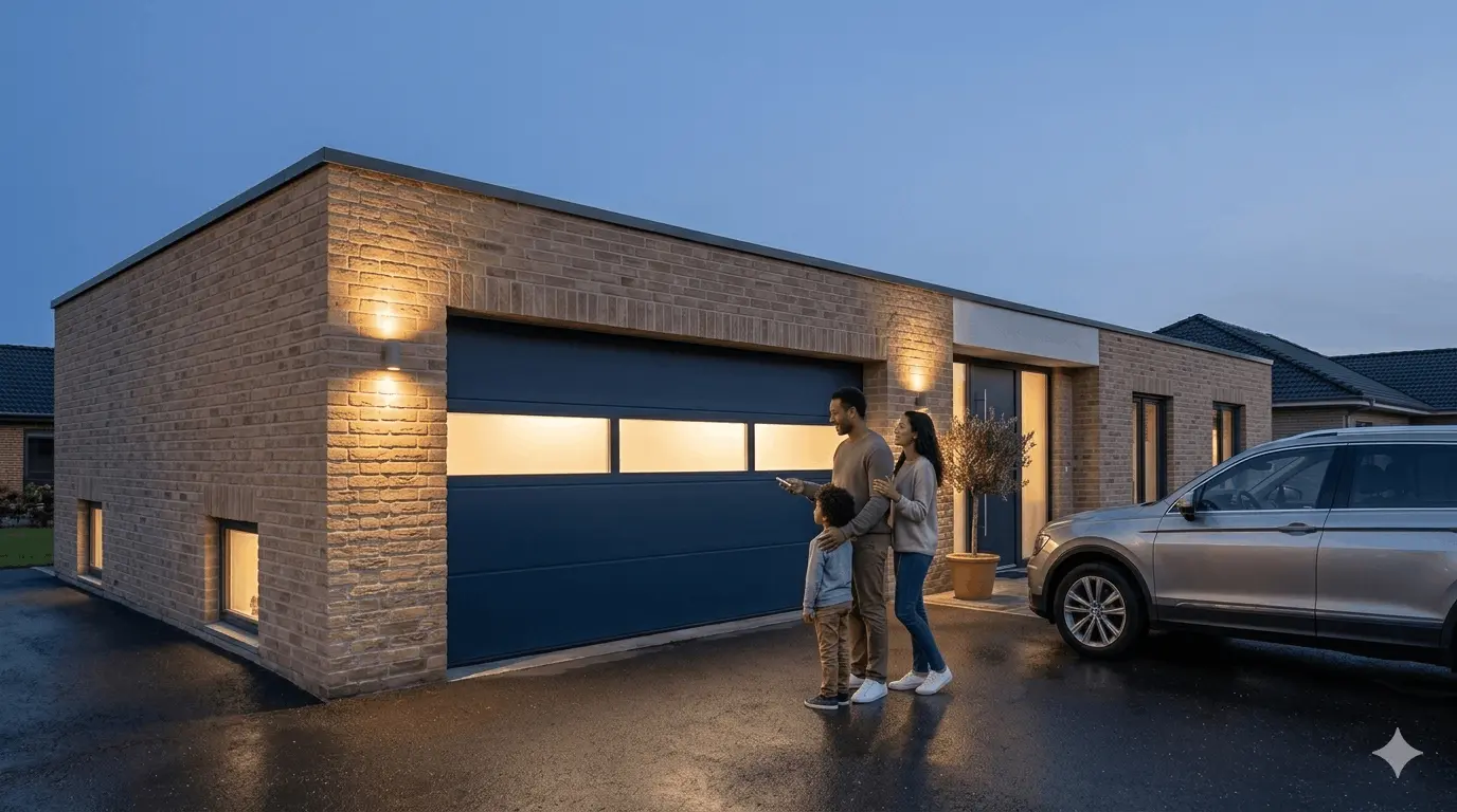 Modernes Garagentor – Familie bei Abenddämmerung